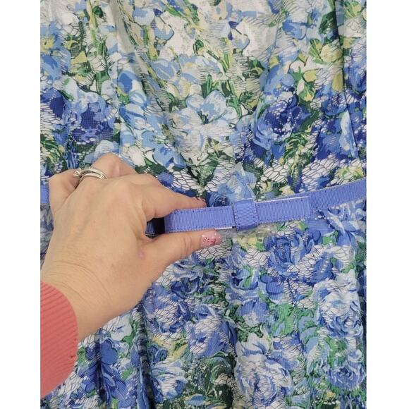 Danny and Nicole Dress Womens 12 Sleeveless Floral Lace Blue/White Belted Dress - Picture 5 of 16